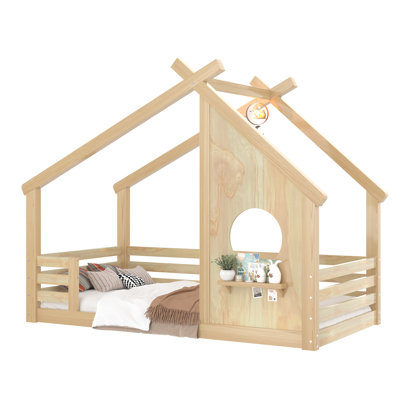 Twin Solid Wood Kids House Floor Bed with Roof, Window & Shelf – No Box Spring Needed, Natural