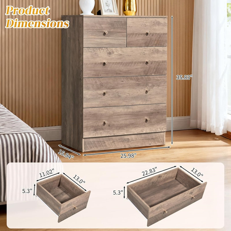 Rustic Light Brown Wood Grain 5-Drawer Chest - Distressed Finish With Vintage Metal Knobs, Multi-Functional Storage For Bedroom Or Living Room