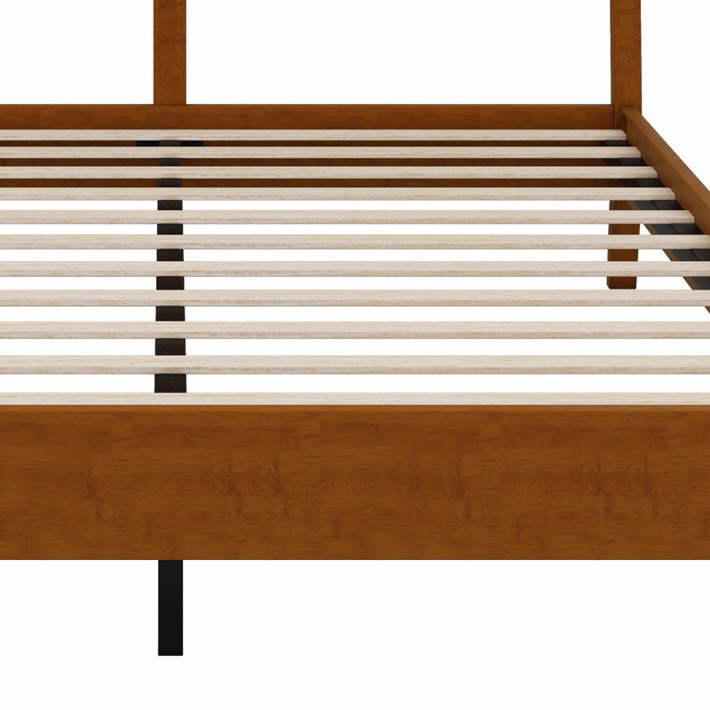 Structure de lit moderne en bois rustique, lattes de bois stables et support en métal, Walnut, Queen