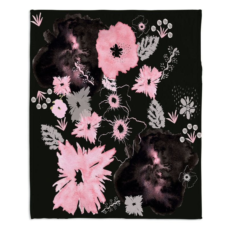 Couverture sherpa à fleurs noir rose, l 51 po x L 60 po