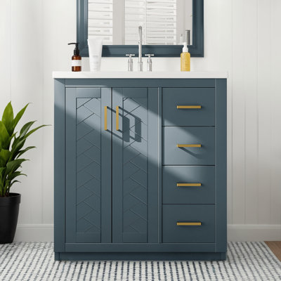 A Freestanding Bathroom Vanity Set With A Ceramic Sink And Solid Wood Frame Storage Cabinet With 3 Drawers And Soft-Close Doors, Perfect For Both Practicality And Style.