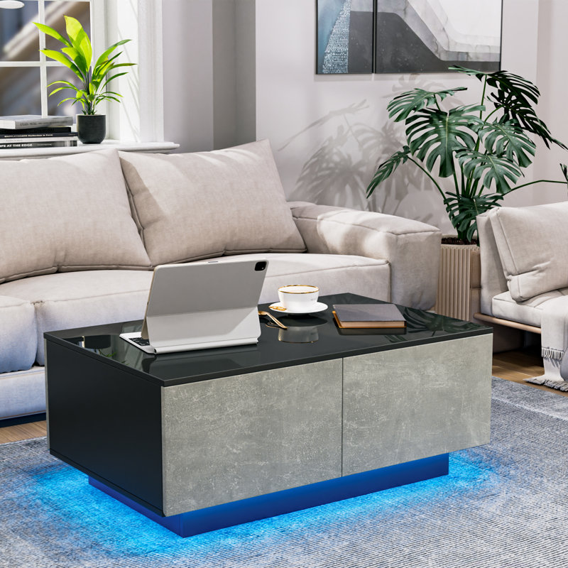 Table basse moderne Gatewood avec lumières DEL RVB et 4 tiroirs, gris
