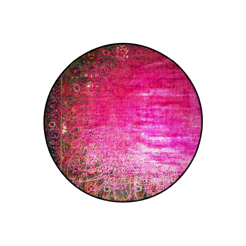 Antique Pink Mixed Lines Detailed Woven Base Modern Decorative Carpet, Round 5'