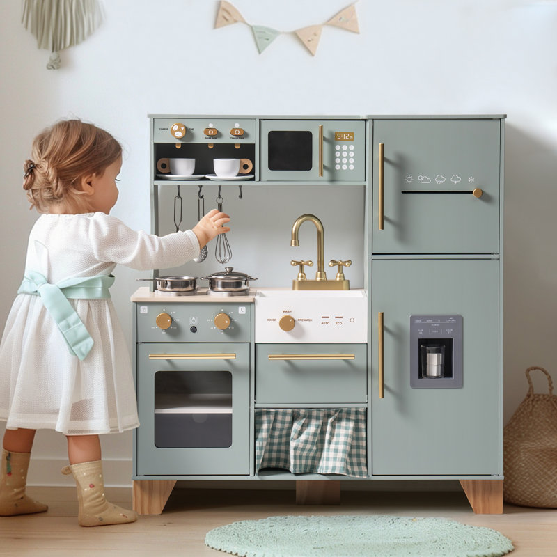 Wooden Play Kitchen & Accessories Set, Preschool Kitchen Set, Modern Kitchen Playset with light