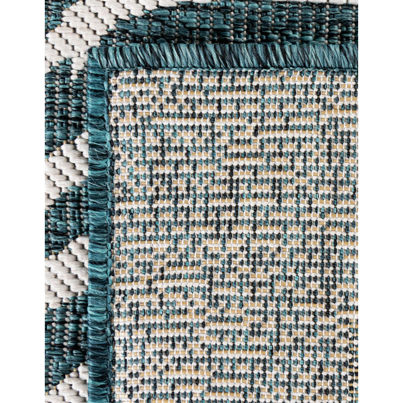 Union City Indoor / Outdoor Area Rug in Teal/Ivory, Runner 2'7" x 10'