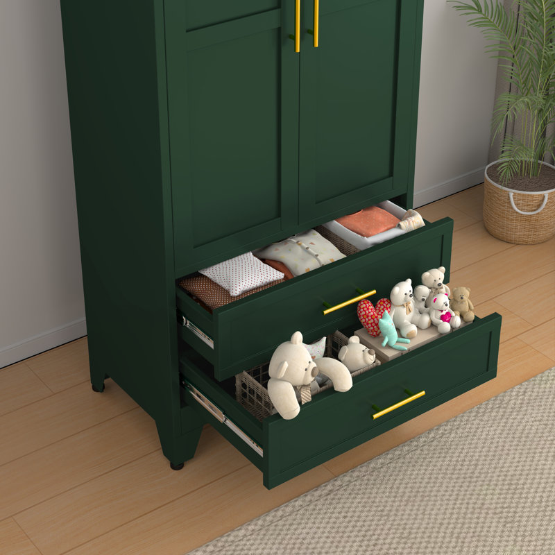 Green Metal Freestanding Wardrobe Armoire with Drawers and Hanging Rod