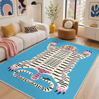 Thier Tiger Animal Print Machine Washable Blue / Pink / Beige Indoor Area Rug with Non-Slip Backing
