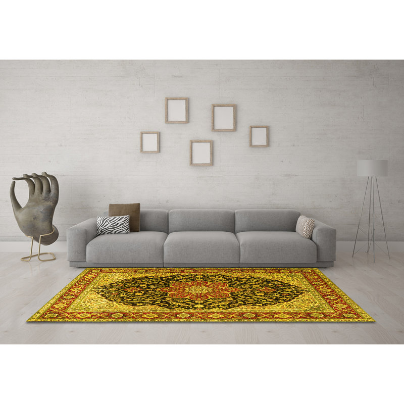 Tapis traditionnels jaunes lavables à la machine 1052, Rond 3 pi