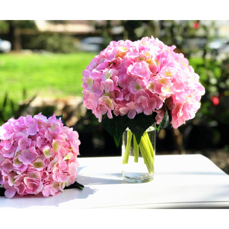 Pink Silk Hydrangea and Rose Arrangement in Clear Glass Vase