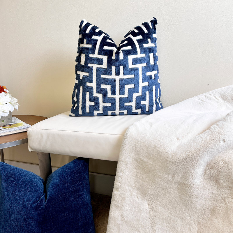 Myriad Velvet Throw Pillow Cover, 22"H x 22"W, White/Navy Geometric