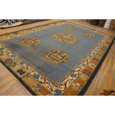 Tapis bleu antique à motif géométrique en laine noué à la main des années 1930