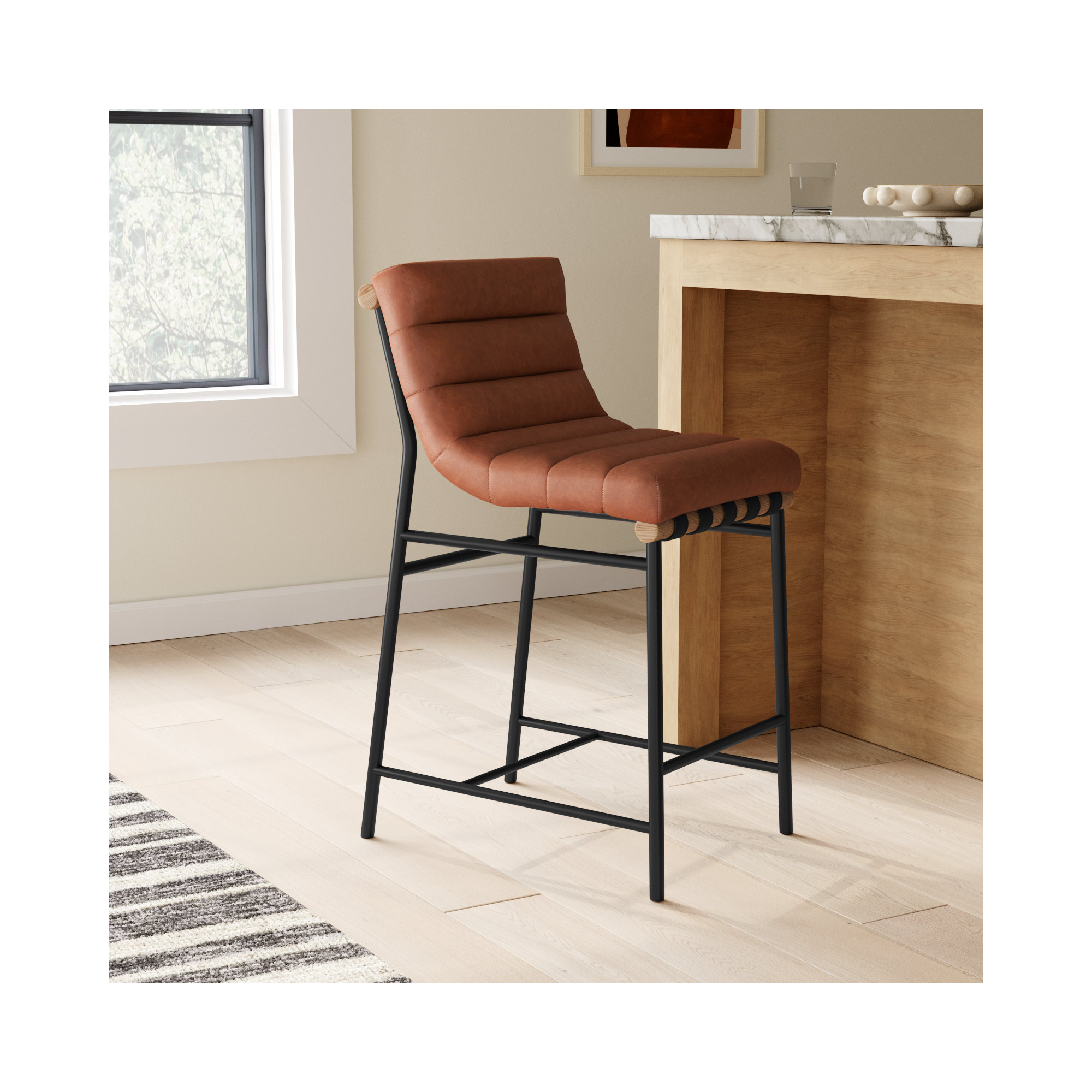 Vincentas Counter Stool, Cognac Faux Leather, Counter Stool (26.4" Seat Height)