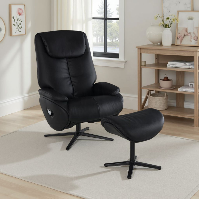 Fauteuil d'appoint en cuir fleur avec repose-pieds Maddux, Similicuir noir