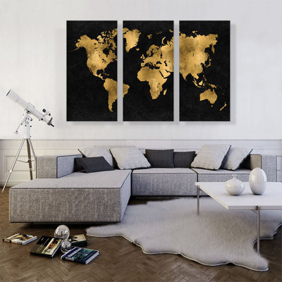 Black Yellow World Map Globe - 3 Piece Wrapped Canvas Graphic Art