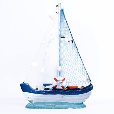 Blue & White Rustic Wooden Sailboat - Coastal Home Decor