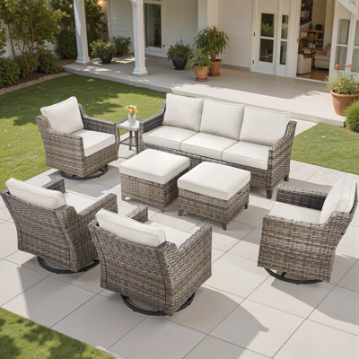 Ensemble de conversation de patio 8 pièces, canapé d'extérieur en osier avec 4 fauteuils pivotants, 2 repose-pieds et table d'appoint Maelie
