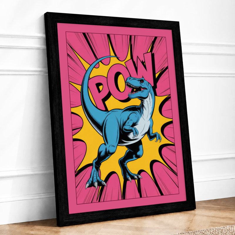 Dinosaur Pow Pop Art - Framed Print, A3 - 42.0 x 29.7 cm, Black