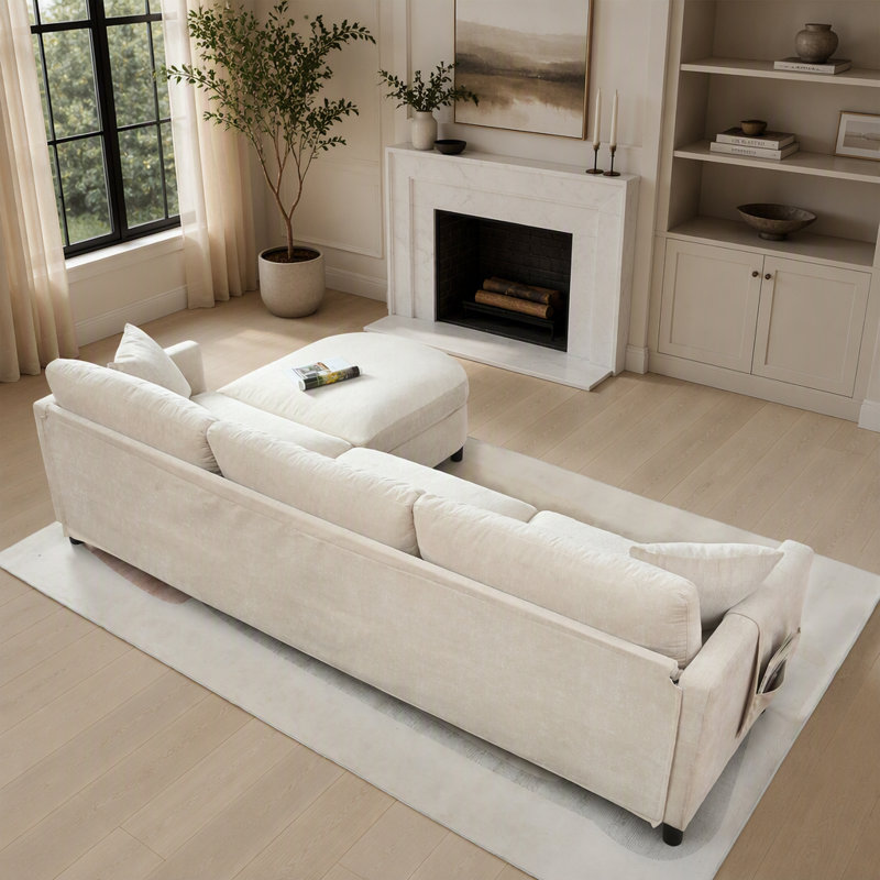 Canapé de coin confortable avec coussins amovibles et pouf, idéal pour les salons modernes, Beige Polyester