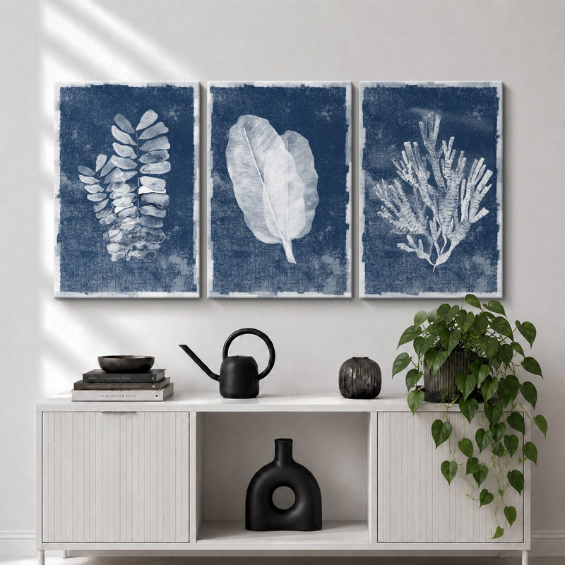 «Minimal Botanical», feuilles de la jungle bleue, art nautique corail, impression sur toile, 3 pièces, H 36 po x l 72 po