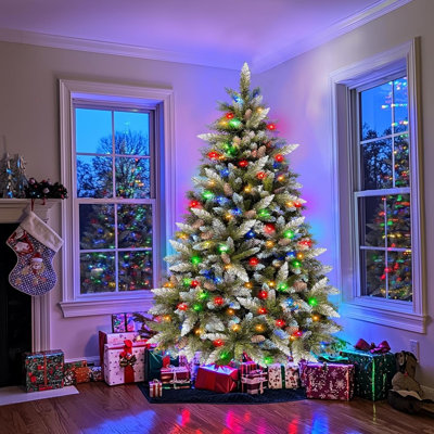 Arbre de Noël artificiel blanc chaud et coloré avec lumières changeantes et minuterie 6 pi avec 350 lumières à DEL 8 modes, extrémités de branches épaisses, pomme de pin, décoration de Noël à charnières