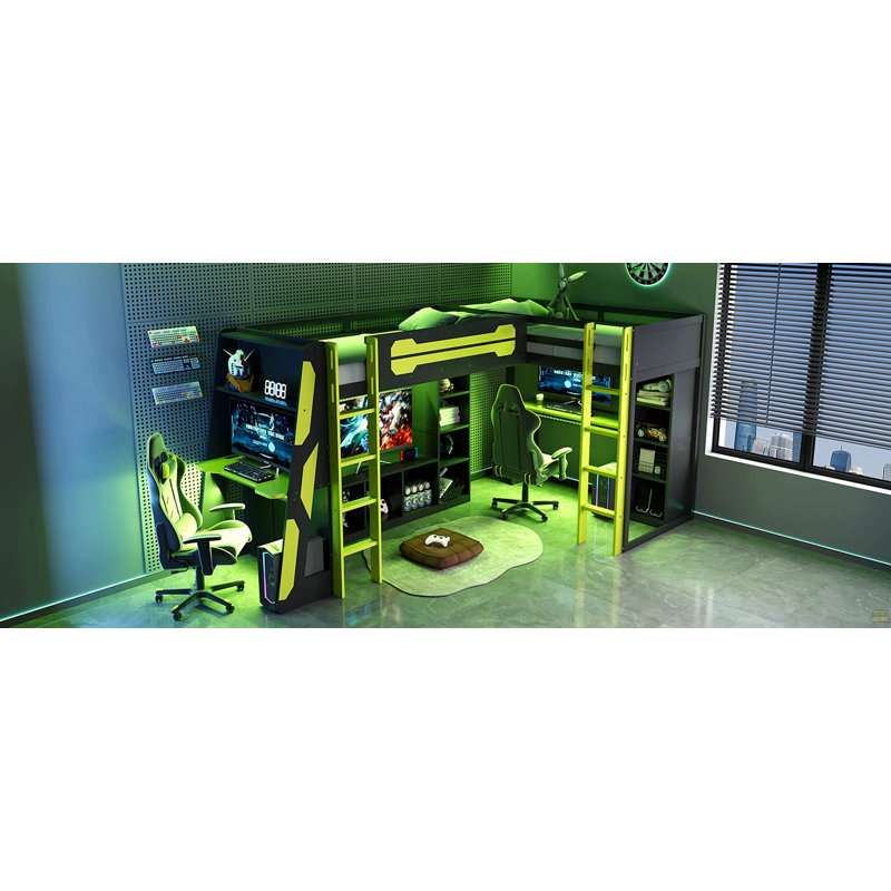 Cadre de lit de jeu simple en L en forme de L avec lumières à DEL RVB, deux lits simples, ports USB, meuble télé et tablettes de rangement