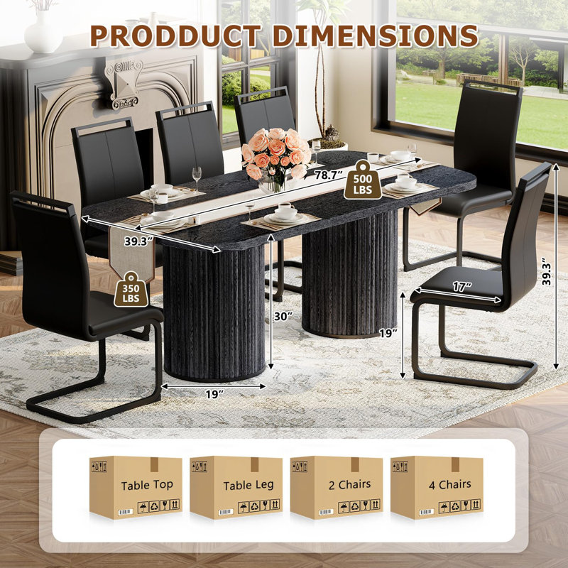 Ensemble de table de salle à manger de 79 po pour 6 personnes, grand ensemble de table de salle à manger pour 6 personnes avec base à double piédestal cannelée et chaises rembourrées