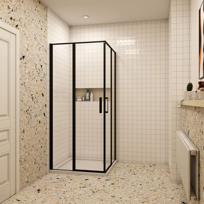 900X900x1850mm Matt Black Frame Pivot Corner Entry Shower Enclosure With 900X900mm Shower Tray Waste
