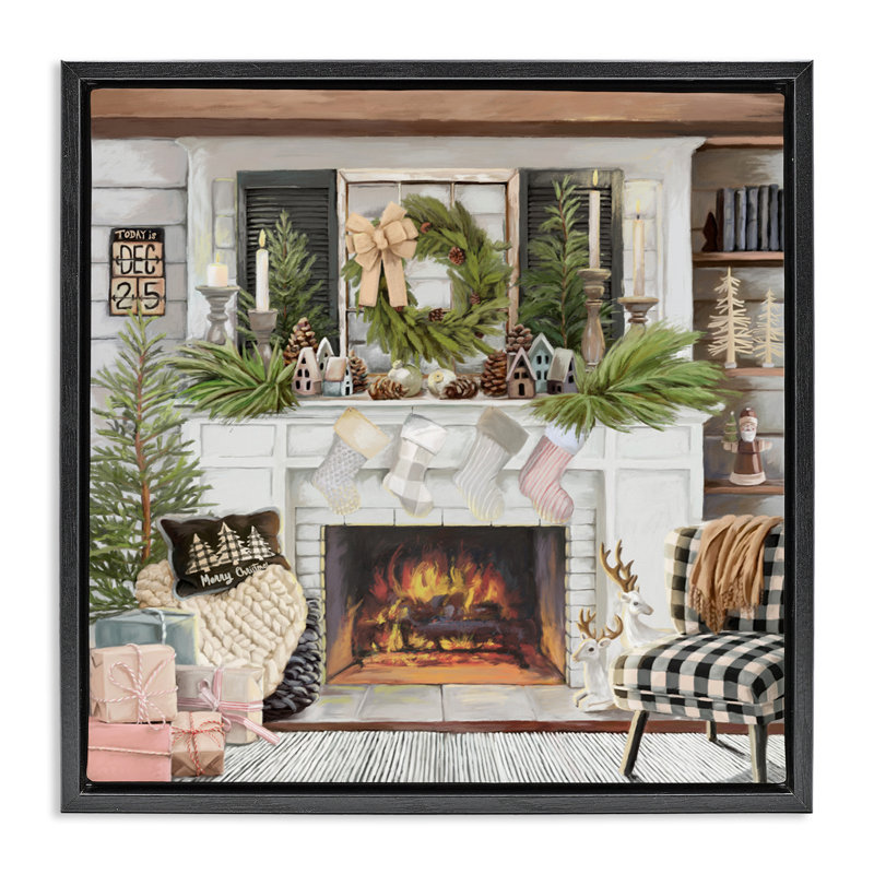 Cadre flottant Cozy Fireplace Holiday, design par Nicky Boehme, Cadre flottant noir de jais, H 18 po x l 18 po
