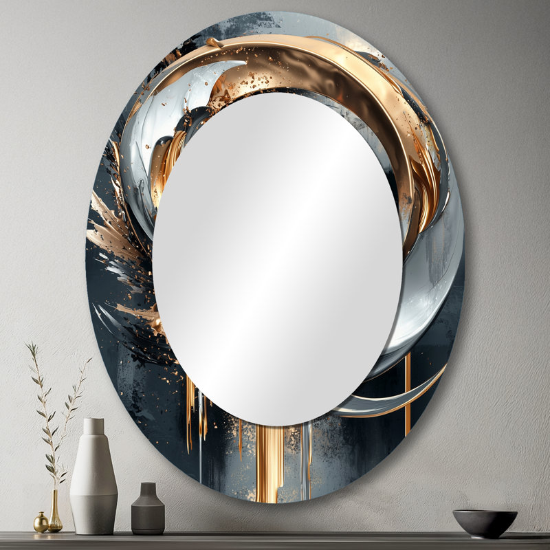 Black And Gold Moon Lines I - Abstract Oval Decorative Mirror On Metal, 43" x 33"