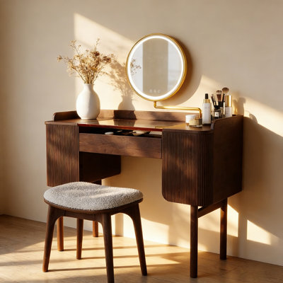 39.37" Luxury Black Walnut Solid Wood Dressing Table With LED Makeup Mirror And Solid Wood Stool