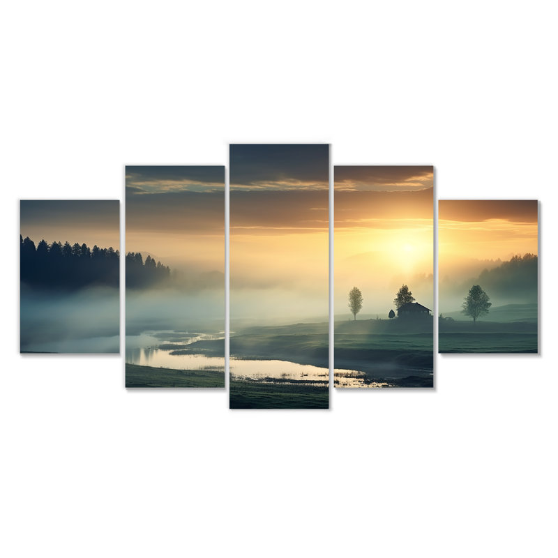 «Misty Sunset Over Forest RIver - Sunset Wall Art Decor», 5 pièces, H 32 po x l 60 po