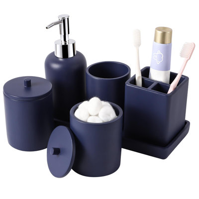 Ensemble de salle de bain en résine 6 pièces avec porte-brosse à dents, distributeur de savon à lotion, 2 distributeurs de support, plateau de coiffeuse, gobelet de salle de bain - Organisateur de meuble-lavabo de comptoir - Ensemble d'accessoires de 