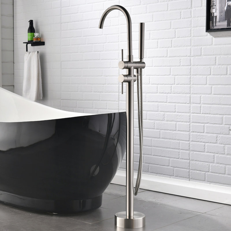 Robinet de baignoire autoportant monocommande à fixation au sol avec douche à main , Nickel brossé