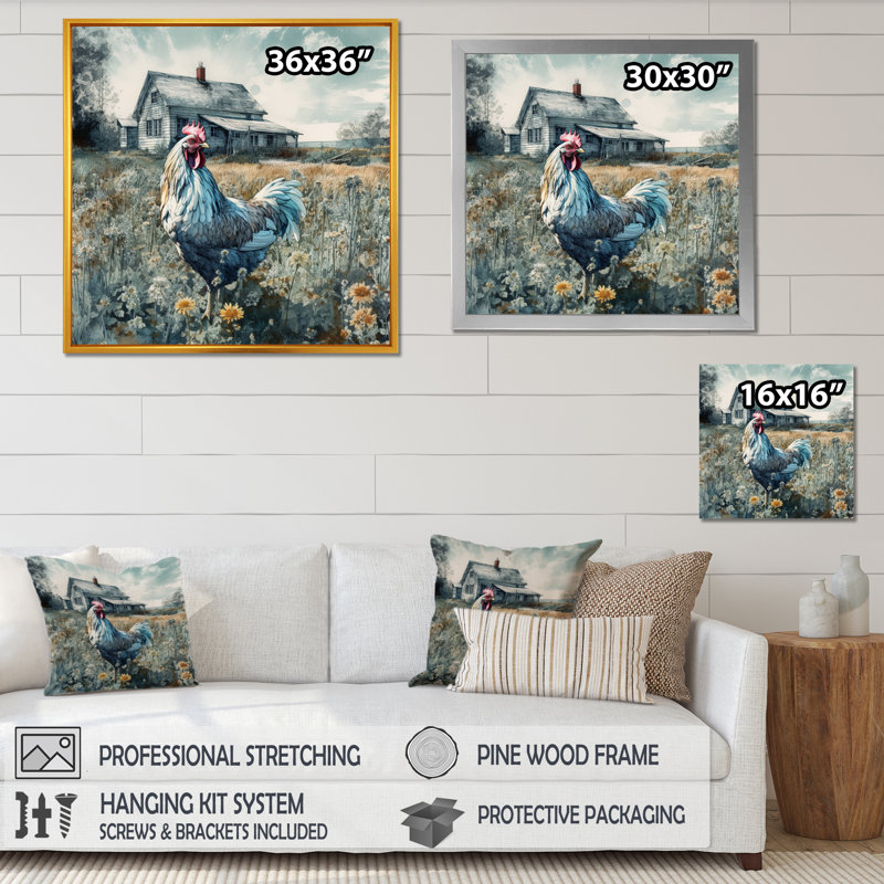 Coq sur une ferme I - Art mural poulet, H 16 po x l 16 po, Toile tendue