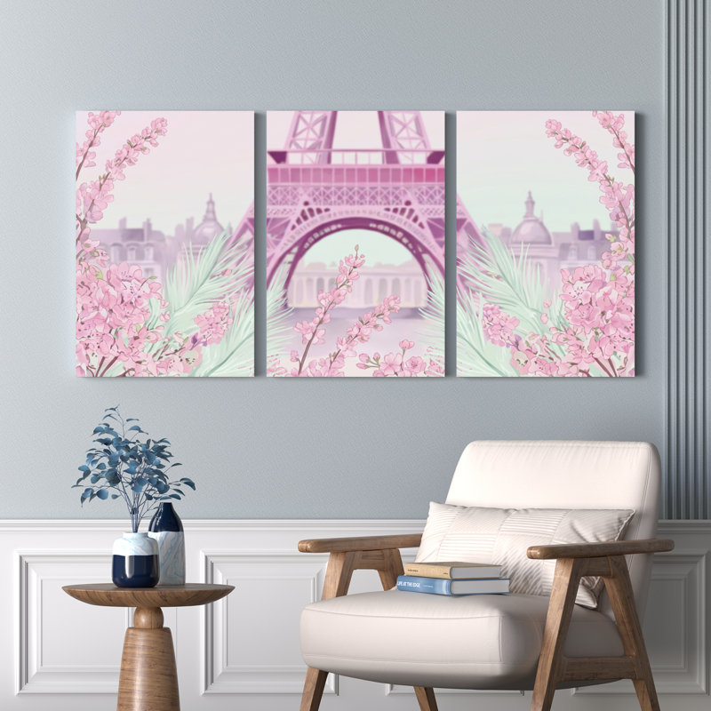 Ensemble de 3 toiles murales encadrées représentant des fleurs de cerisier roses et la Tour Eiffel, pour la décoration du salon et de la chambre.
