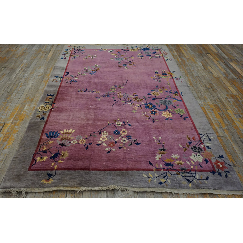 1920s Rectangle Purple / Lavender Mauve Hand Knotted Pile Floral Antique Wool Rug