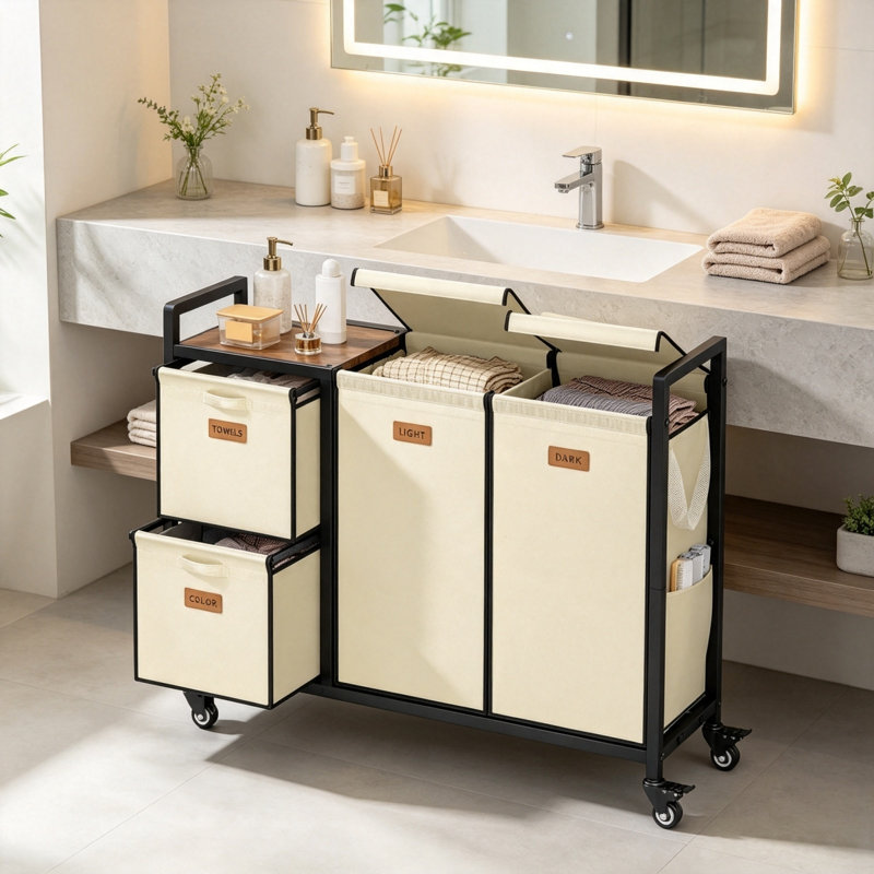 Steel Laundry Cart, Beige/Black