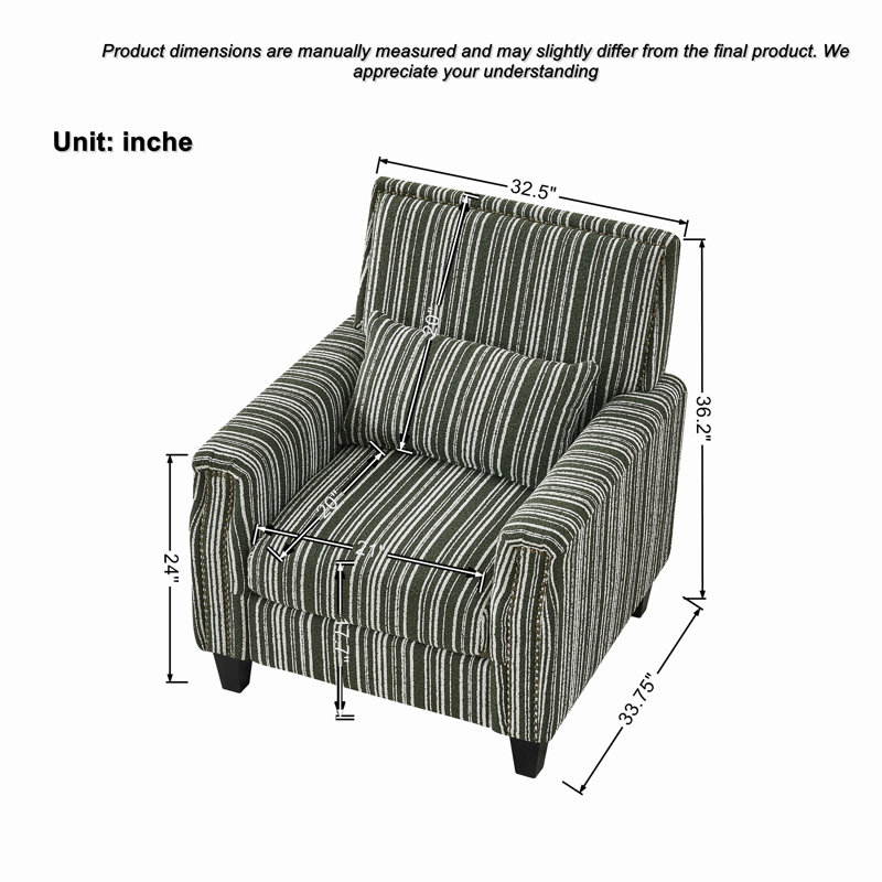 Fauteuil rayé avec garniture cloutée 32,5 po x 33,75 po x 36,2 po, fauteuil en polyester vert et blanc, Green, 1