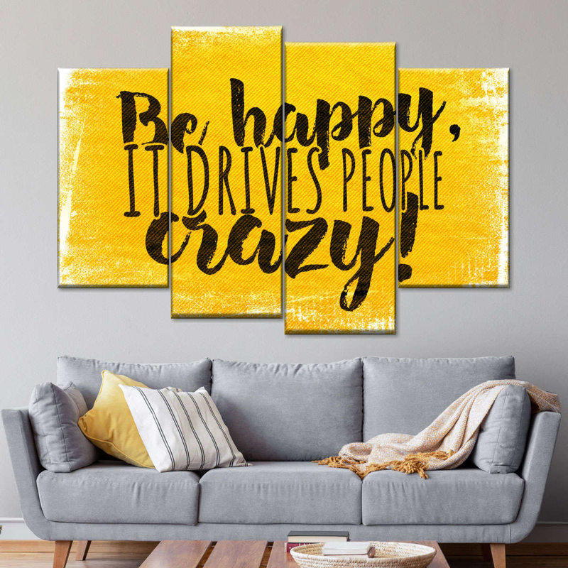 «Happiness Quotes Be Happy Quote I», reproduction sur toile 4 pièces par Sunshine Studio, H 22 po x l 36 po x P 1 po