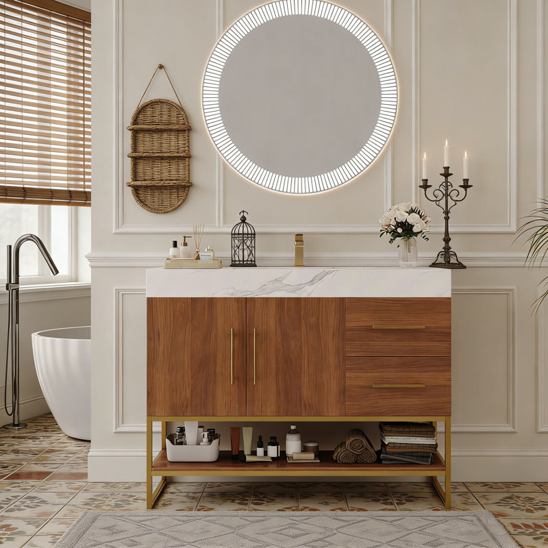Meuble-lavabo sur pied 36 po avec lavabo en céramique sans couture 36 po, Noyer, Blanc