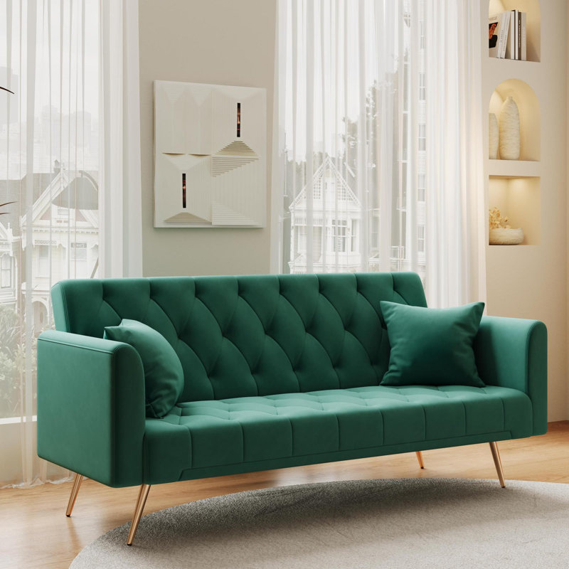 Soft and cosy tufted upholstered Futon Sofa, Green Velvet