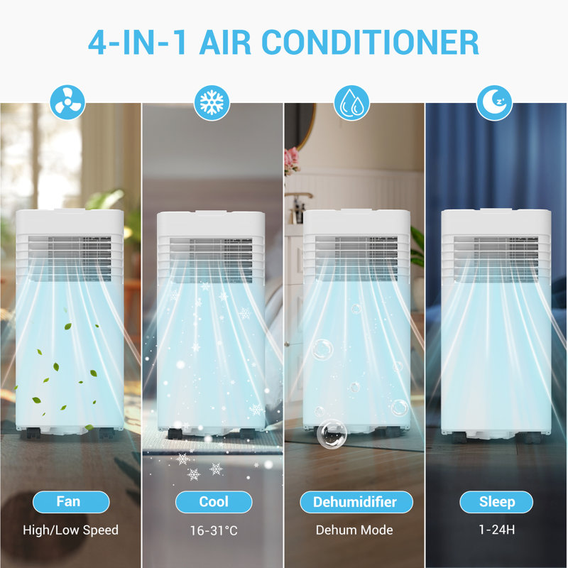 7000BTU 4-in-1 Portable Mobile Air Conditioner Units with Remote Control, Cooler Fan and Dehumidifier, 24H Timer, 270m³/h