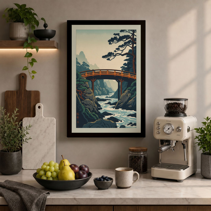 Bridge Over Mountain Ravine Japandi - Wrapped Canvas, 30x20 - 76.2 x 50.8 cm, Taupe Border