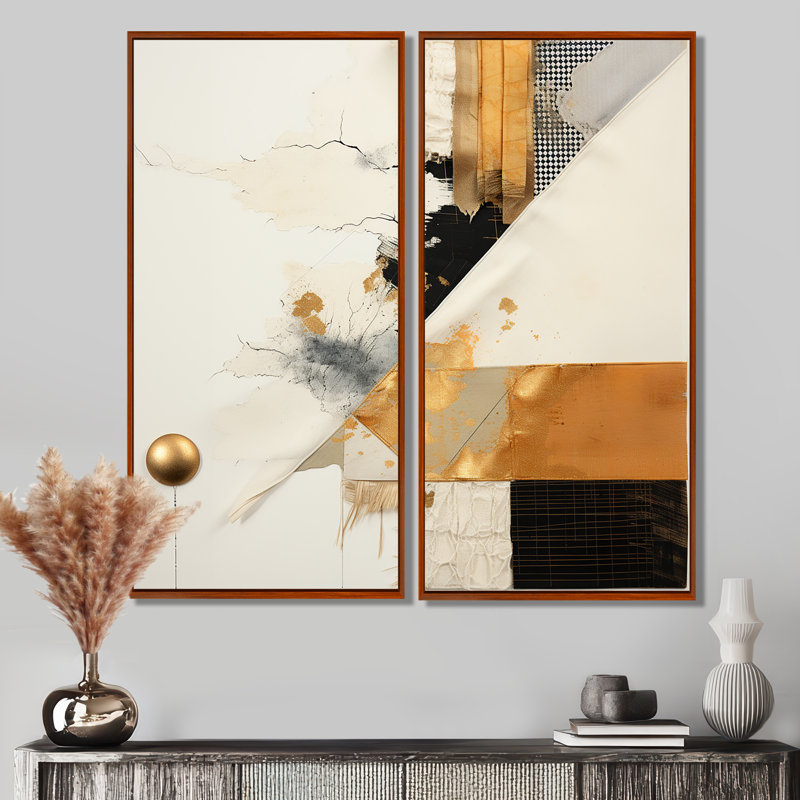 Collage abstrait gris et doré VI - Collages abstraits, 2 pièces, H 32 po x l 32 po, Brun, Impression encadrée flottante