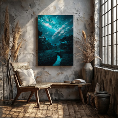 Toile, "Mystical Forest Scene Illuminated By A Ethereal Swirling Sky", art mural rempli de turquoise vibrante et de tons de bleu profond