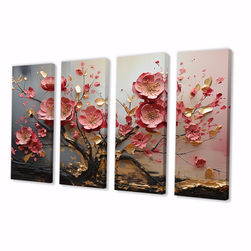 Élégant arbre floral rose et blanc orchidée III - ensemble de 4 décorations murales abstraites, H 32 po x l 64 po