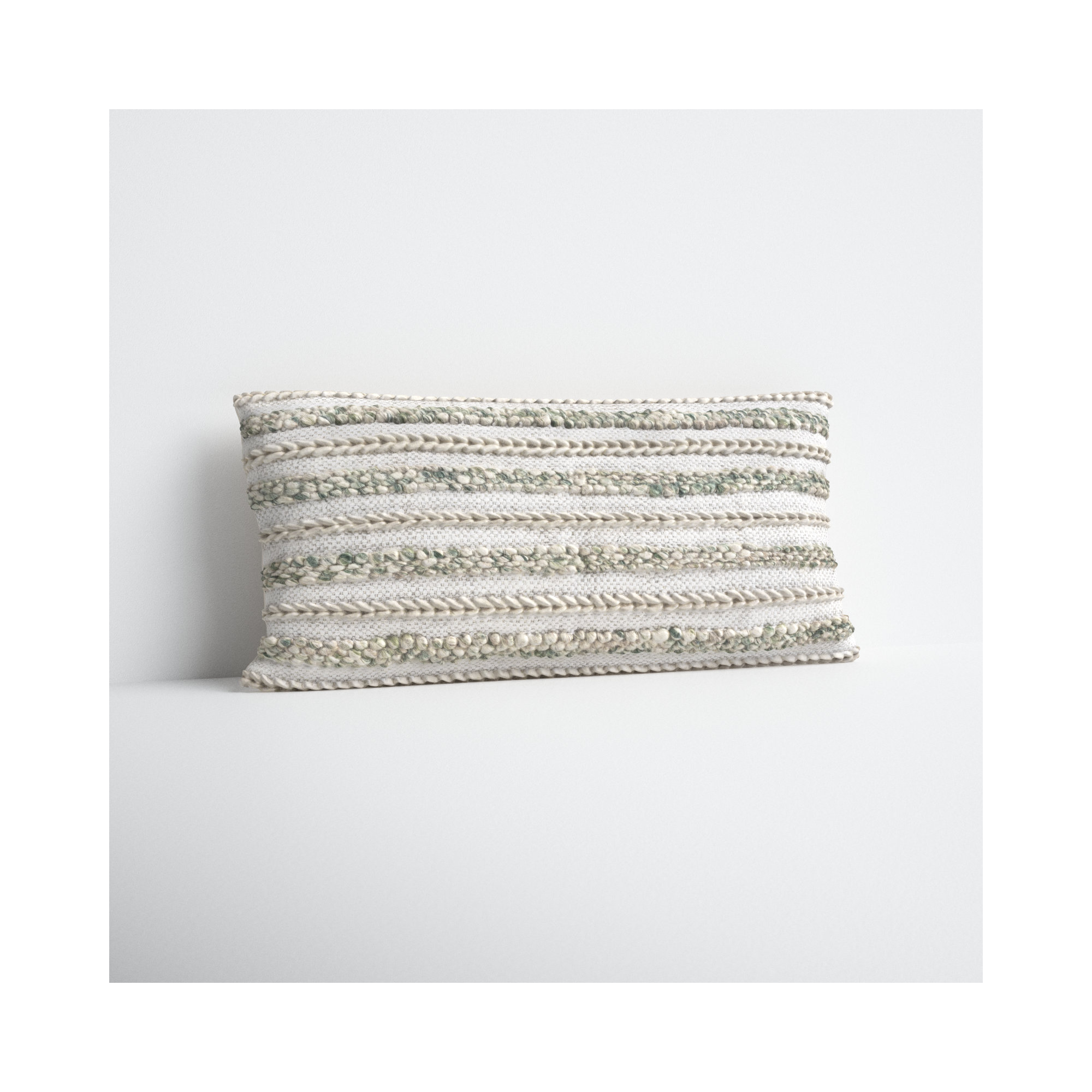 Lottie Striped Cotton Lumbar Pillow Cover, Cream/Emerald, Down Blend