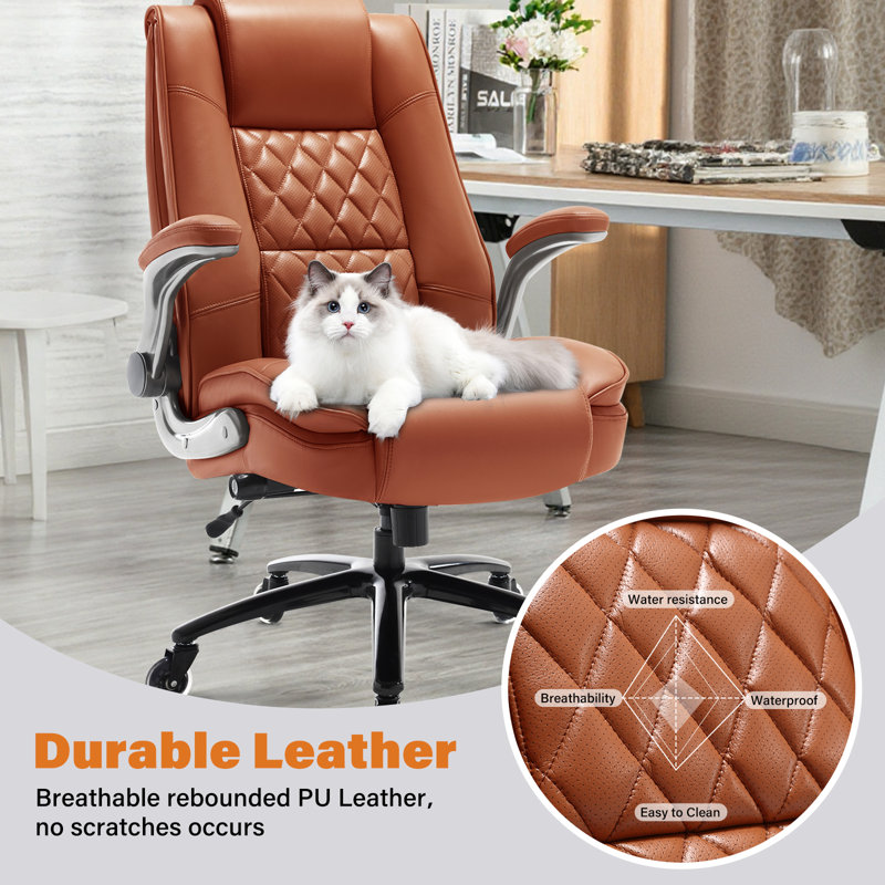 Modern Leather Executive Office Chair With Flip-Up Armrests And Adjustable Lumbar Support, Gold Brown