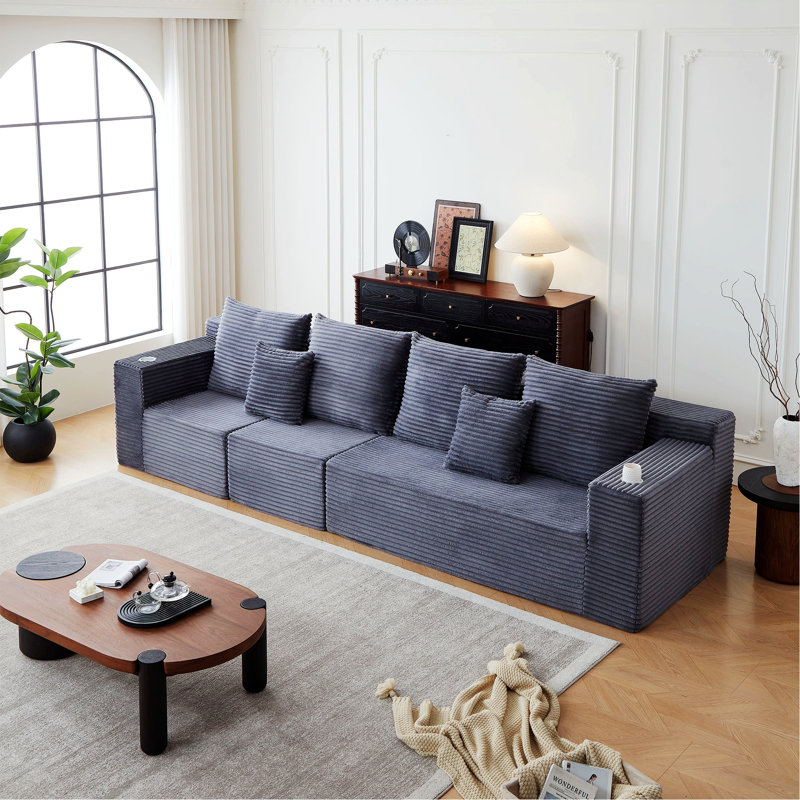 Canapé modulaire rembourré avec porte-gobelets, Gris