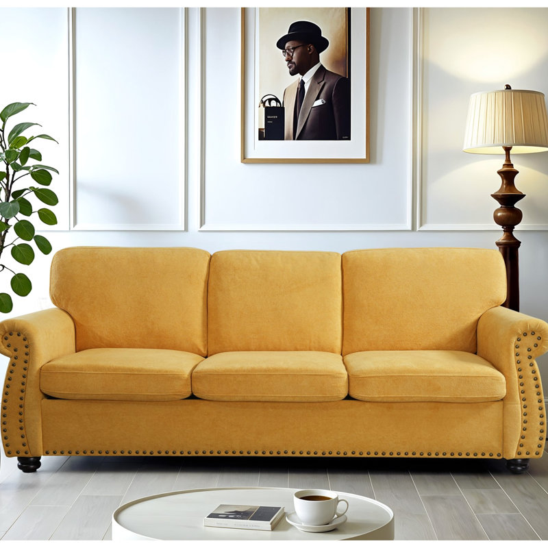 Velours jaune moutarde 3 places, revêtement luxueux avec pieds en bois massif, mousse de pierre précieuse de salon, style tendance